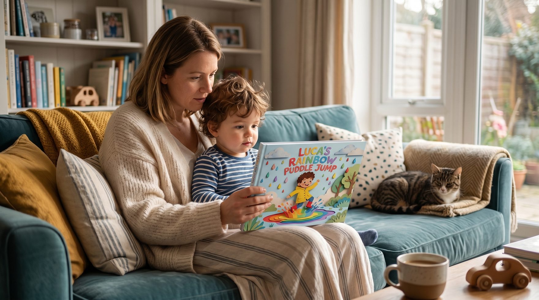 A warm lifestyle photo of a parent reading a picture book to a toddler on a couch in soft morning light, both looking calm and engaged.