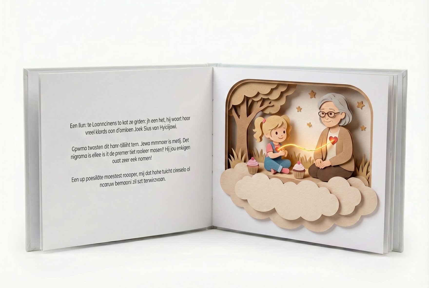 An open interior spread of a children's picture book showing a warm illustration of a child and parent connected by a glowing string between their hearts.
