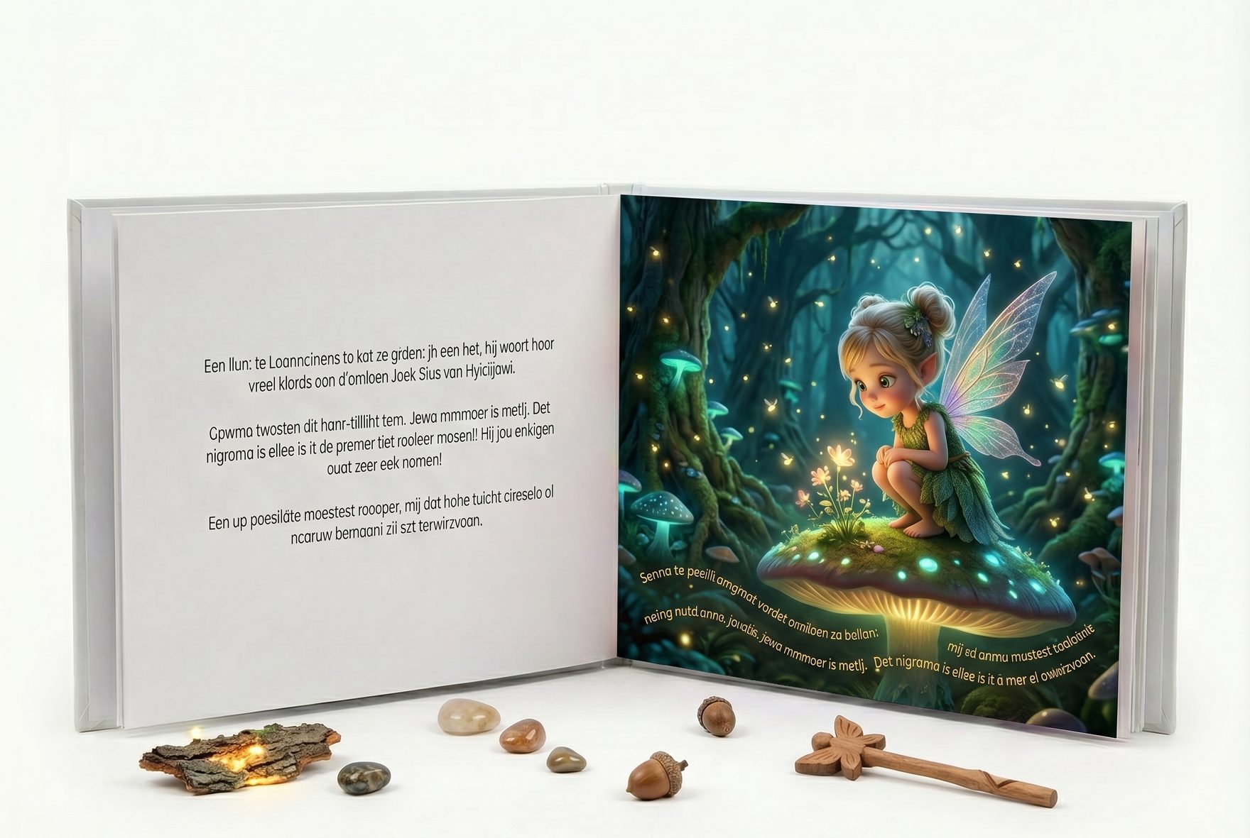 An open picture-book interior spread showing Senna as a fairy guardian crouched on a glowing mushroom cap in the heart of a bioluminescent forest, tiny fireflies drifting around her, sentences of warm storybook text flowing along the bottom of the page