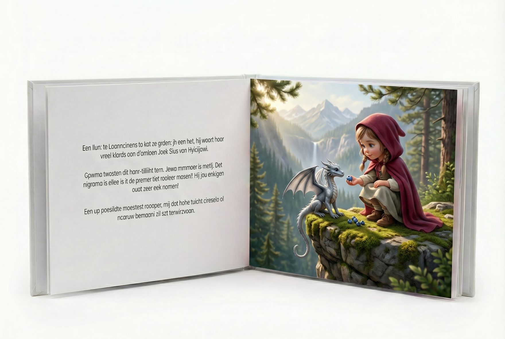 An open picture book's right-hand page showing Chiara in a crimson cloak crouched on a mossy cliff edge, gently feeding a silver baby dragon a wild berry, with soft afternoon light filtering through pine trees and a distant waterfall.