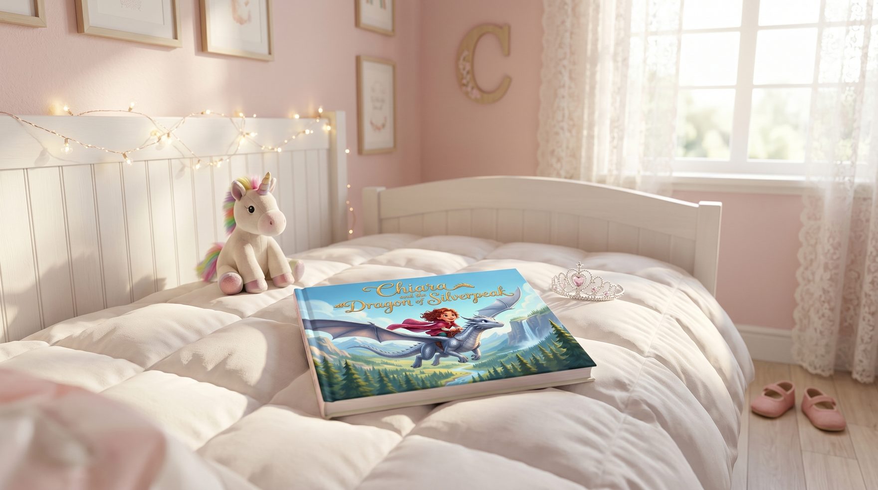 A cozy child's bedroom with pastel pink walls, a personalized princess hardcover book open on a white duvet, fairy lights strung above the headboard, a stuffed unicorn and small tiara beside the book, soft morning light streaming through a lace-curtained window.