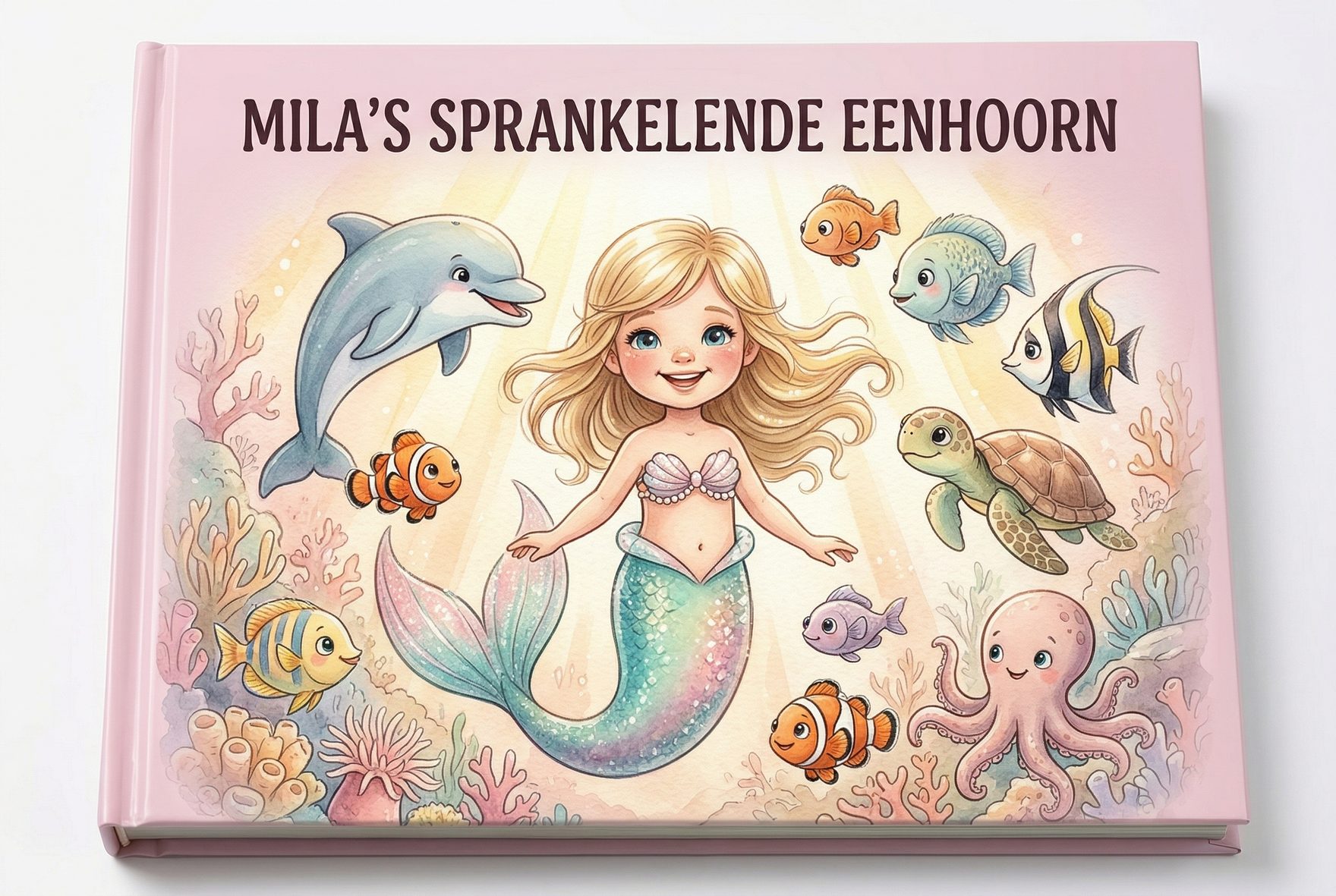 A brightly colored, whimsical children's book cover featuring a smiling mermaid and friendly sea creatures.