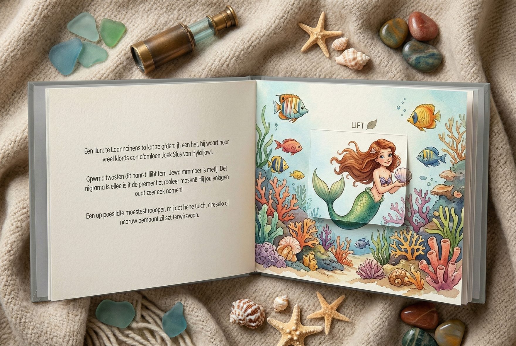 An open children's book showing a detailed, interactive page with a lift-the-flap element revealing a hidden mermaid character underwater.
