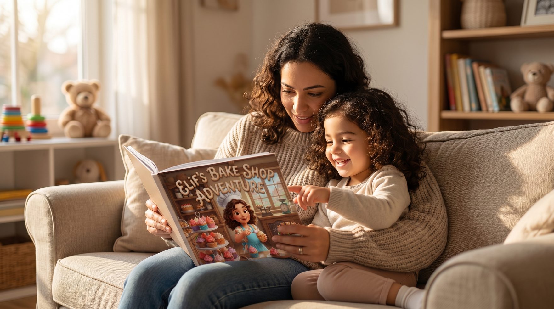 A warm lifestyle photo of a parent and child reading a personalised hardcover book together on a sofa, soft natural light, child visibly delighted