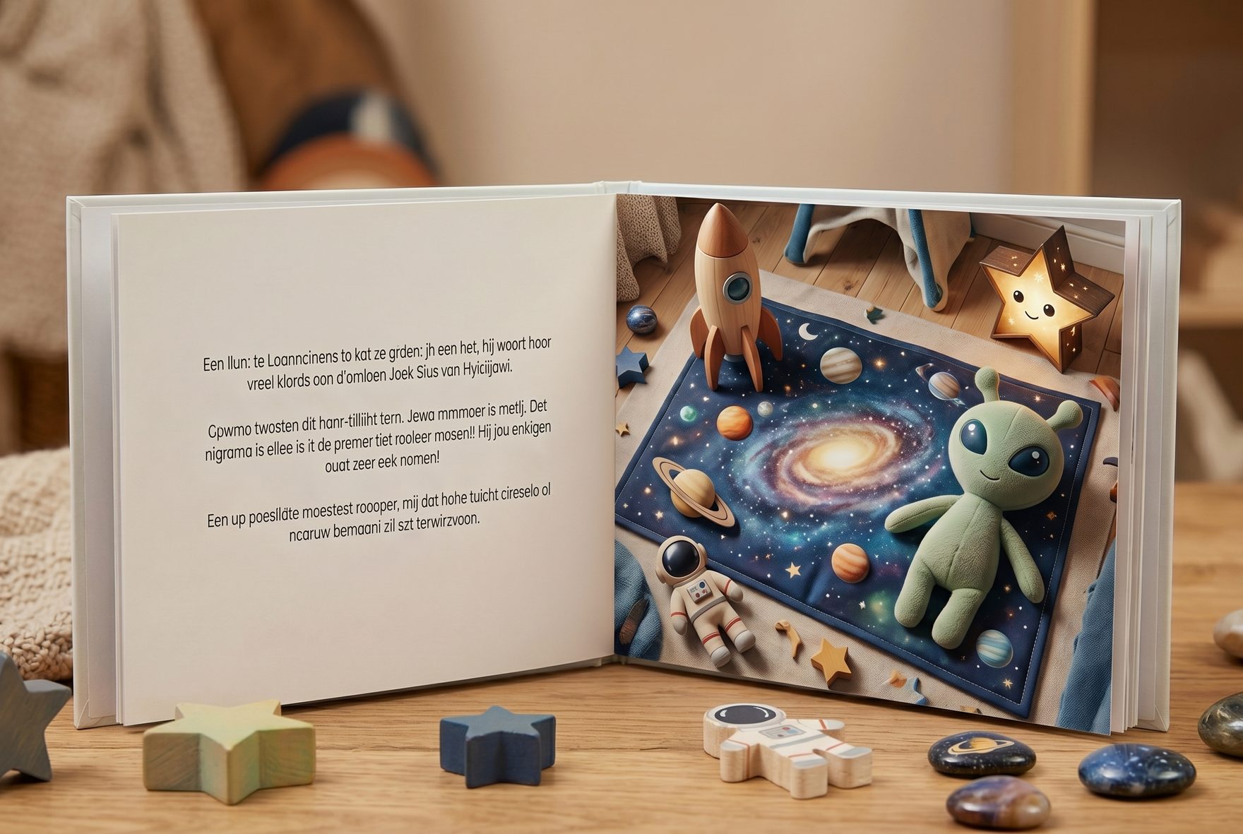 A flat-lay of an open personalised children's book showing illustrated pages featuring a child character resembling a real toddler, with soft pastel colors