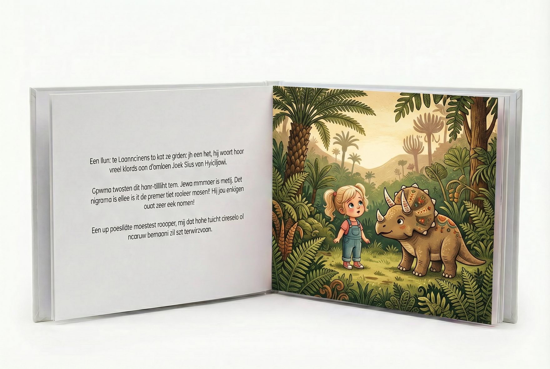 Een opengeslagen kinderboek met harde kaft toont een dubbele pagina waarop Zara een Triceratops ontmoet in een prehistorisch dal vol varens, in zachte aquarelillustratiestijl