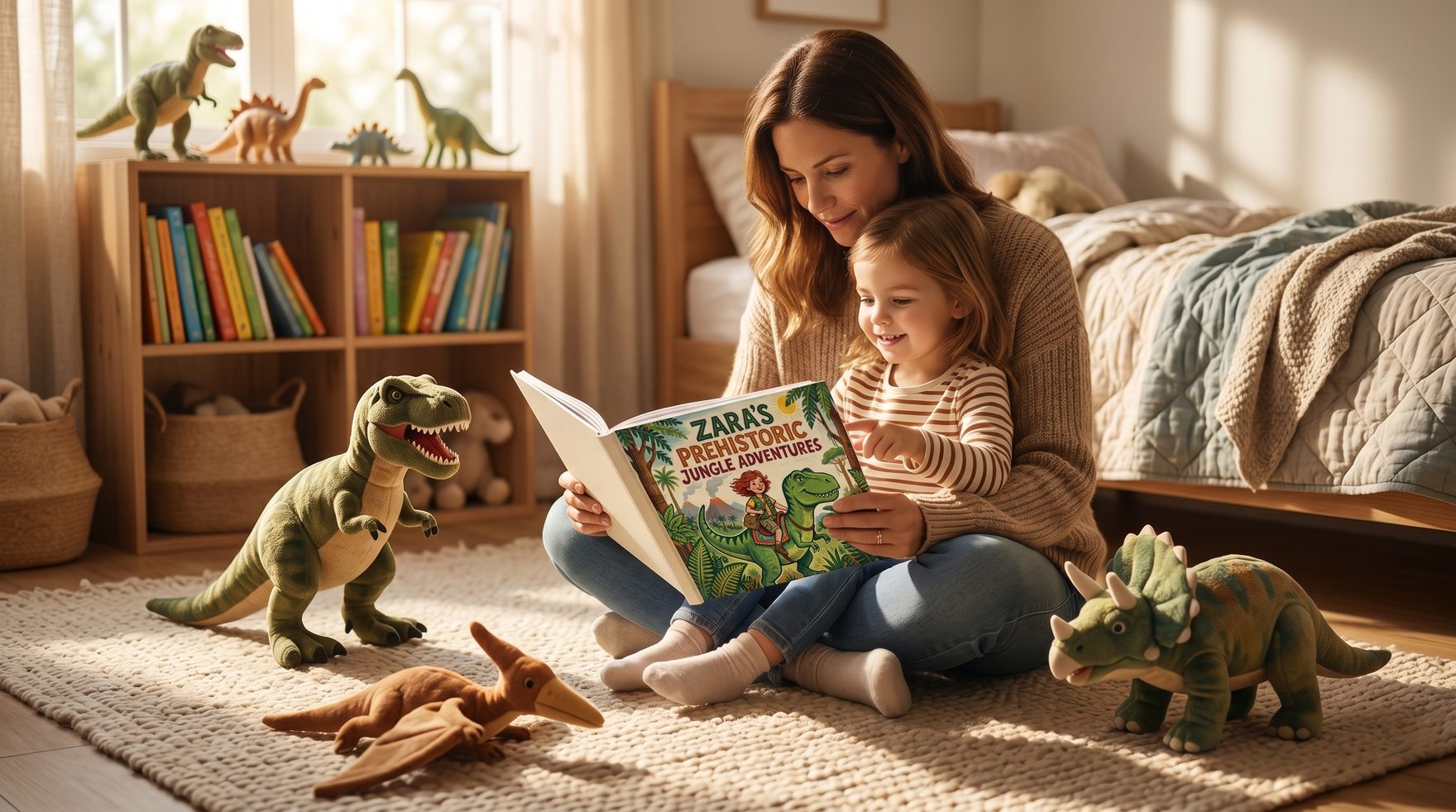 Een gezellig sfeerbeeld van een ouder en een 5-jarig kind die op een zacht kleed in een zonnige slaapkamer zitten en samen een gepersonaliseerd dinosaurusboek lezen, dinosaurusknuffels verspreid in de buurt, warm middaglicht