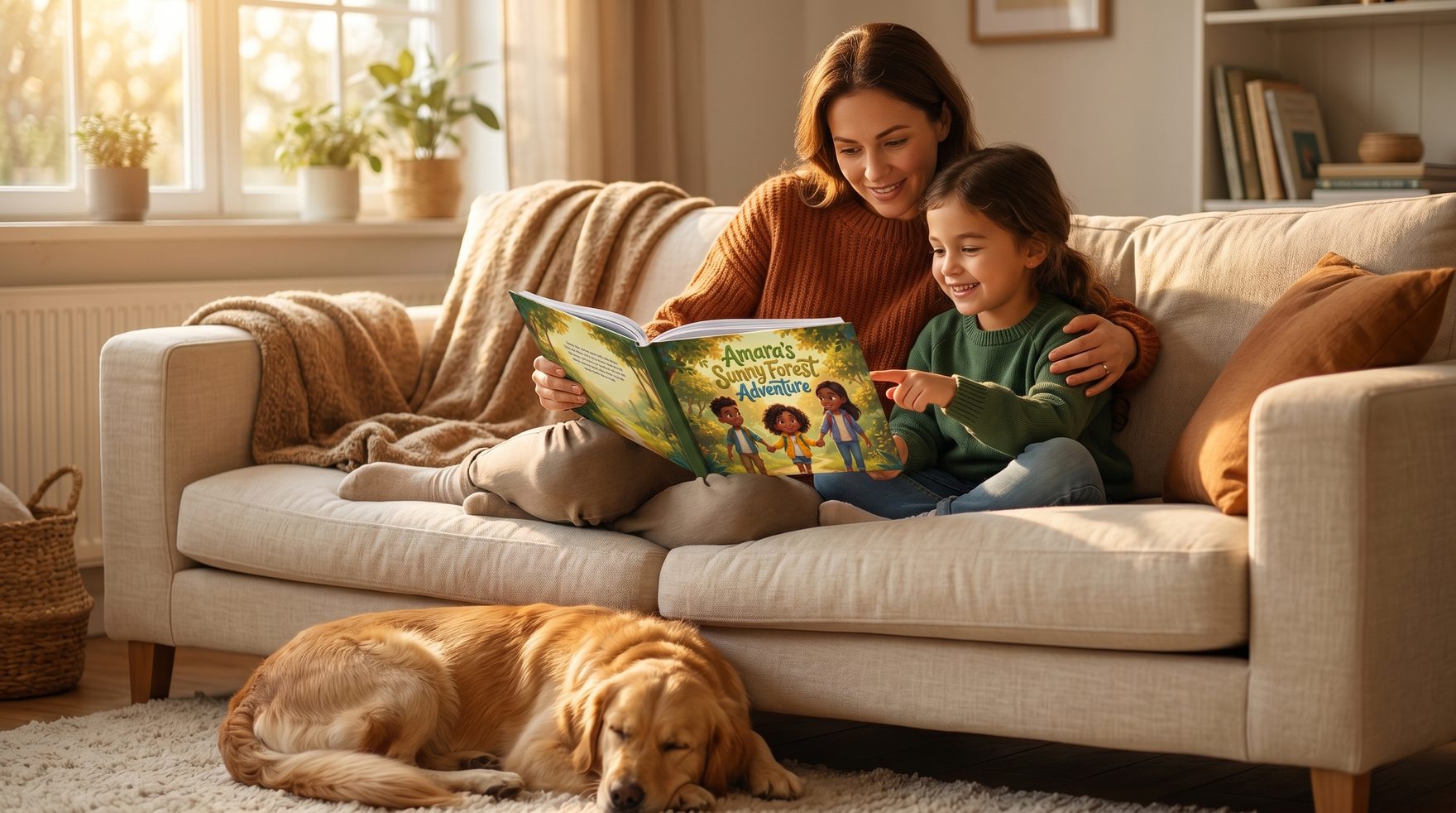Ein warmes Lifestyle-Foto eines Elternteils und Kindes, die gemeinsam ein personalisiertes Hardcover-Bilderbuch auf einem Wohnzimmersofa lesen, goldenes Nachmittagslicht, ein Golden Retriever zu ihren Füßen zusammengerollt, das aufgeschlagene Hardcover-Buch zeigt eine farbenfrohe Doppelseite
