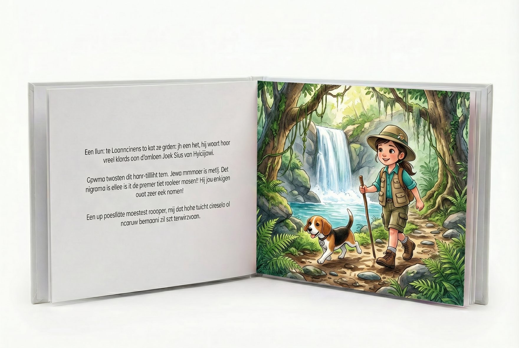 Eine aufgeschlagene Doppelseite eines personalisierten Kinderbuchs, auf der rechten Seite Amara als Dschungelforscherin, die an einem donnernden Wasserfall vorbeizieht, ihr illustrierter Beagle springt durch Farne voraus, im sanften Aquarell-Bilderbuchstil