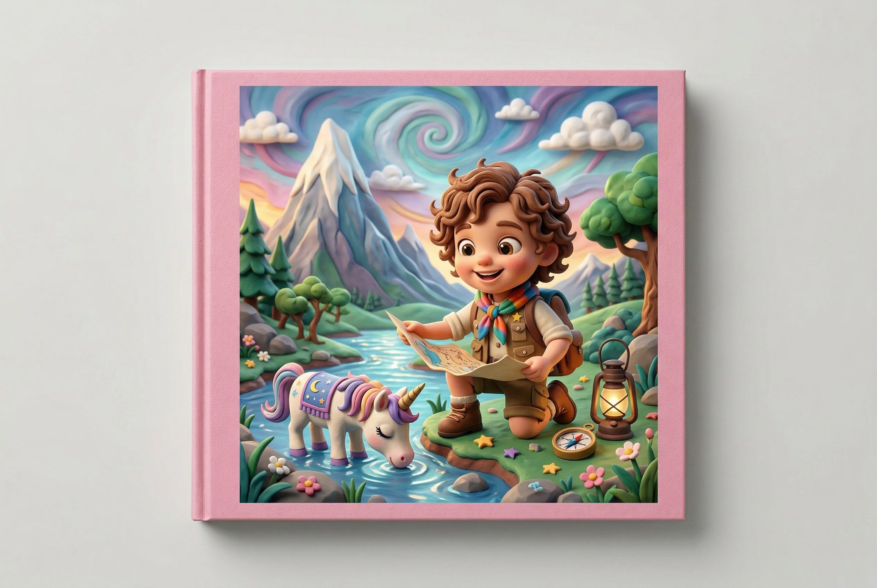 A vibrant and fantastical children's book cover featuring a personalized unicorn with a child-like hero, rendered in an AI illustration style.
