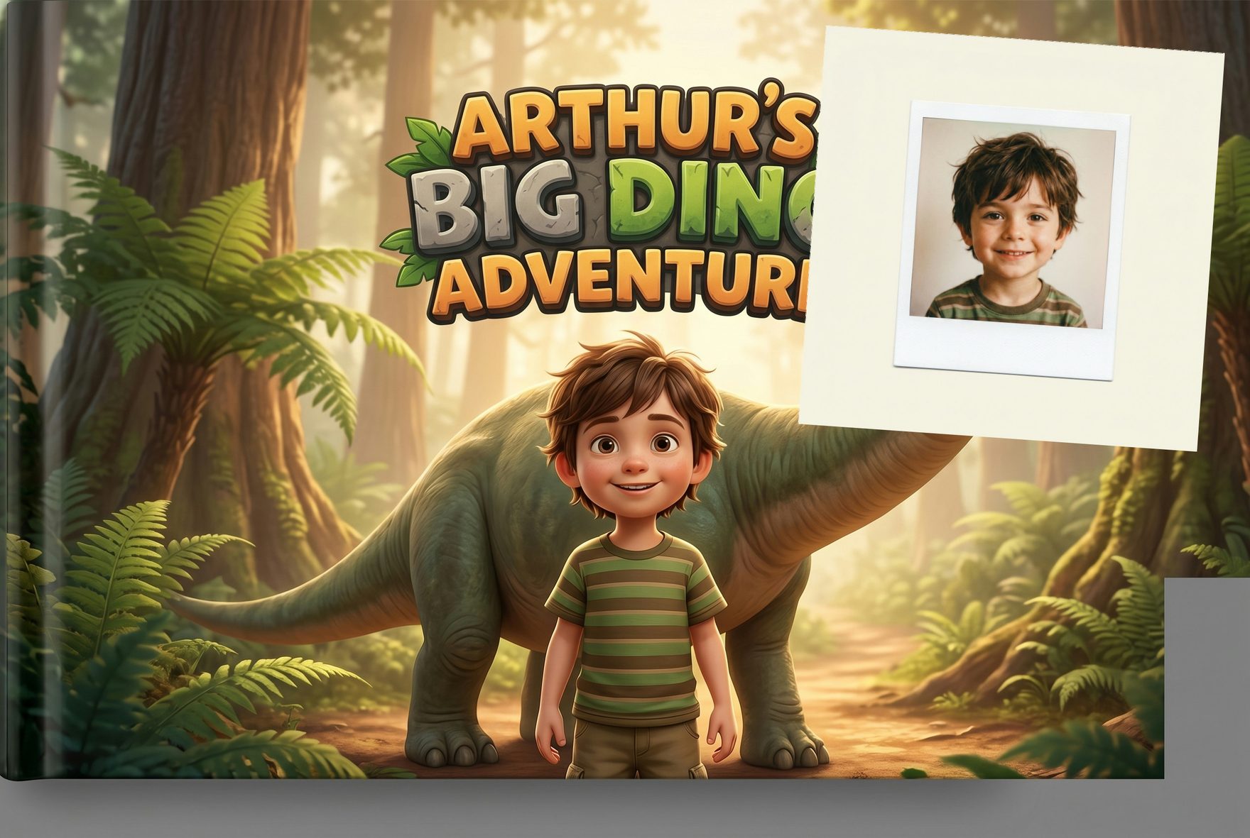 A warm, soft-lit cover of a personalized children's book featuring a young child illustrated as the hero standing beside a friendly Brachiosaurus, with a custom name in playful title typography.