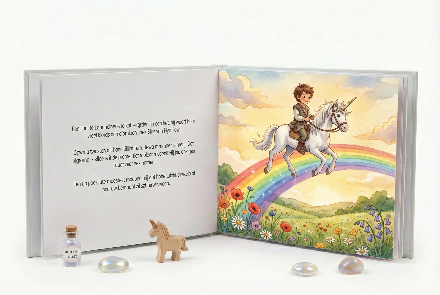 An open children's book interior page showing Mateo as a unicorn rider gently guiding a white unicorn across a shimmering rainbow arc above a meadow of wildflowers, vibrant illustrations with the name Mateo visible in the storybook text