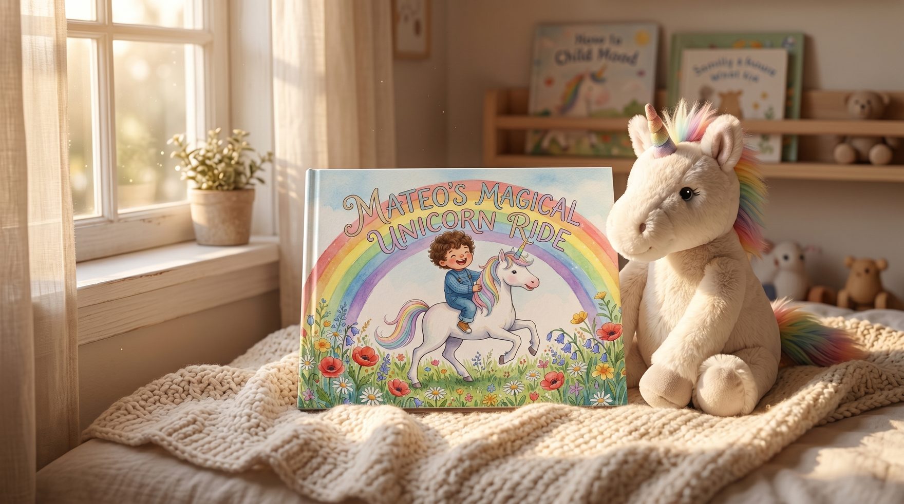 A cozy children's bedroom scene with a personalized hardcover book resting on a soft cream blanket near a plush stuffed unicorn, golden hour light spilling through a window