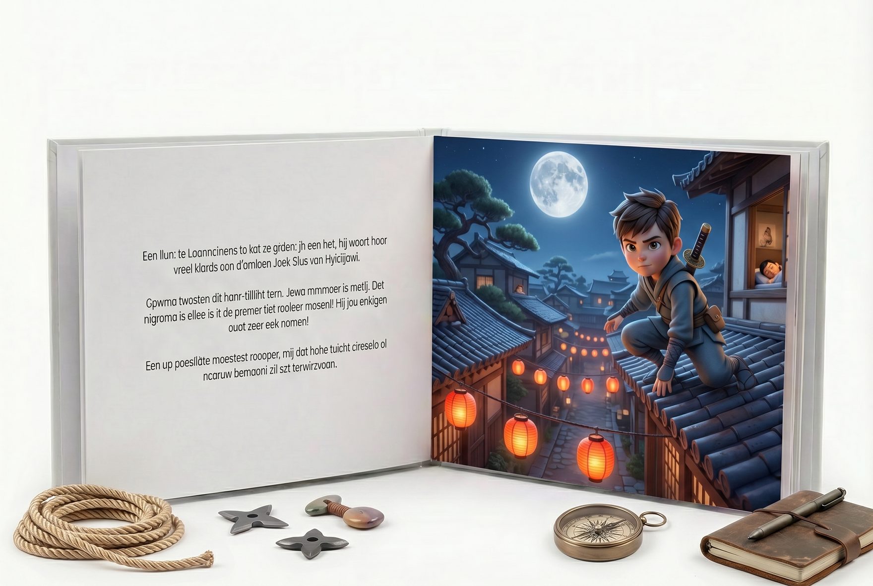 Open spread of a personalised picture book showing Tobias as a ninja adventurer crouched on a tiled rooftop, paper lanterns glowing below, the city sleeping under a full moon — illustrated in warm storybook watercolour