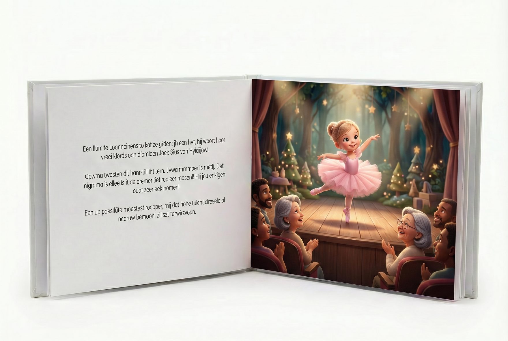 Een open binnenpagina van een gepersonaliseerd boek waarop Amara op het podium midden in een pirouette staat in een zacht roze tutu, terwijl haar oma met een trotse glimlach toekijkt vanuit het publiek, met warme theaterverlichting en aquareltexturen.