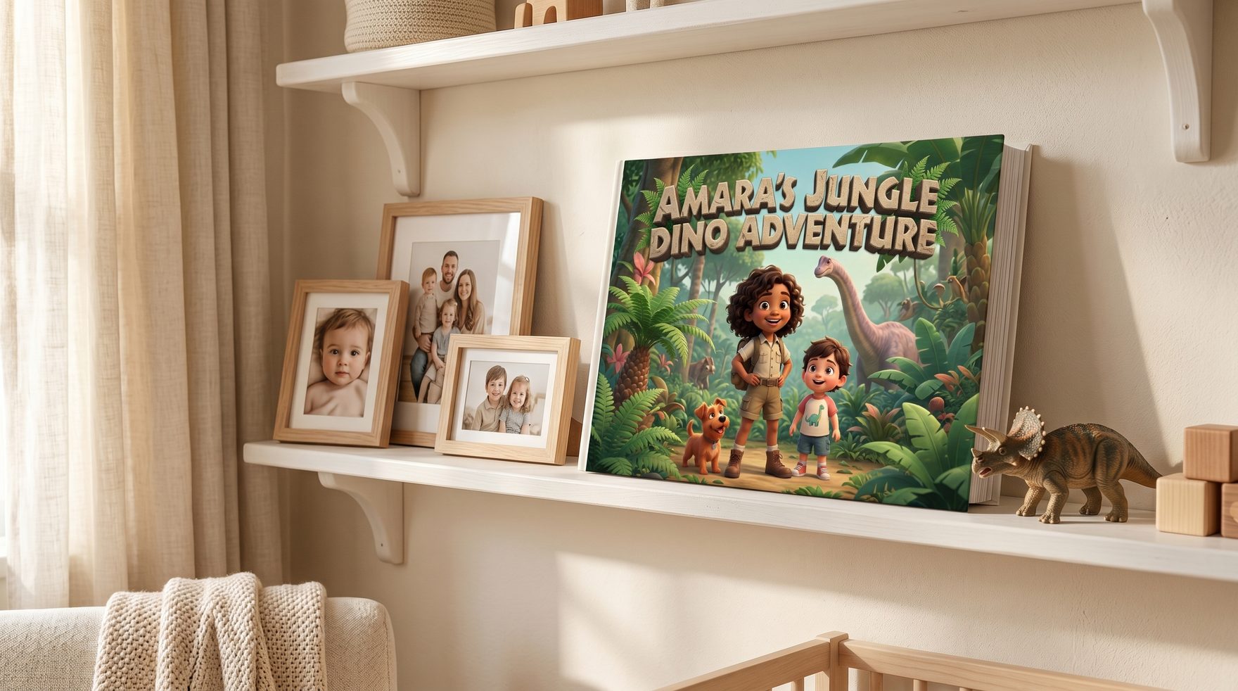 Een gezellig sfeertafereel van een gepersonaliseerd kinderboek dat open op een kinderkamerplank ligt, naast ingelijste familiefoto's en een klein speelgoeddino, met zacht natuurlijk licht dat door linnen gordijnen valt.