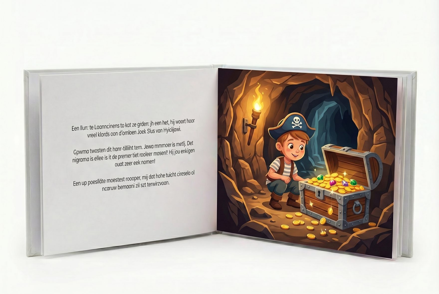 An open spread of a personalized pirate book showing Finn exploring a torchlit treasure cave, gold coins spilling from a chest, painted in warm storybook watercolor with hand-finished detail