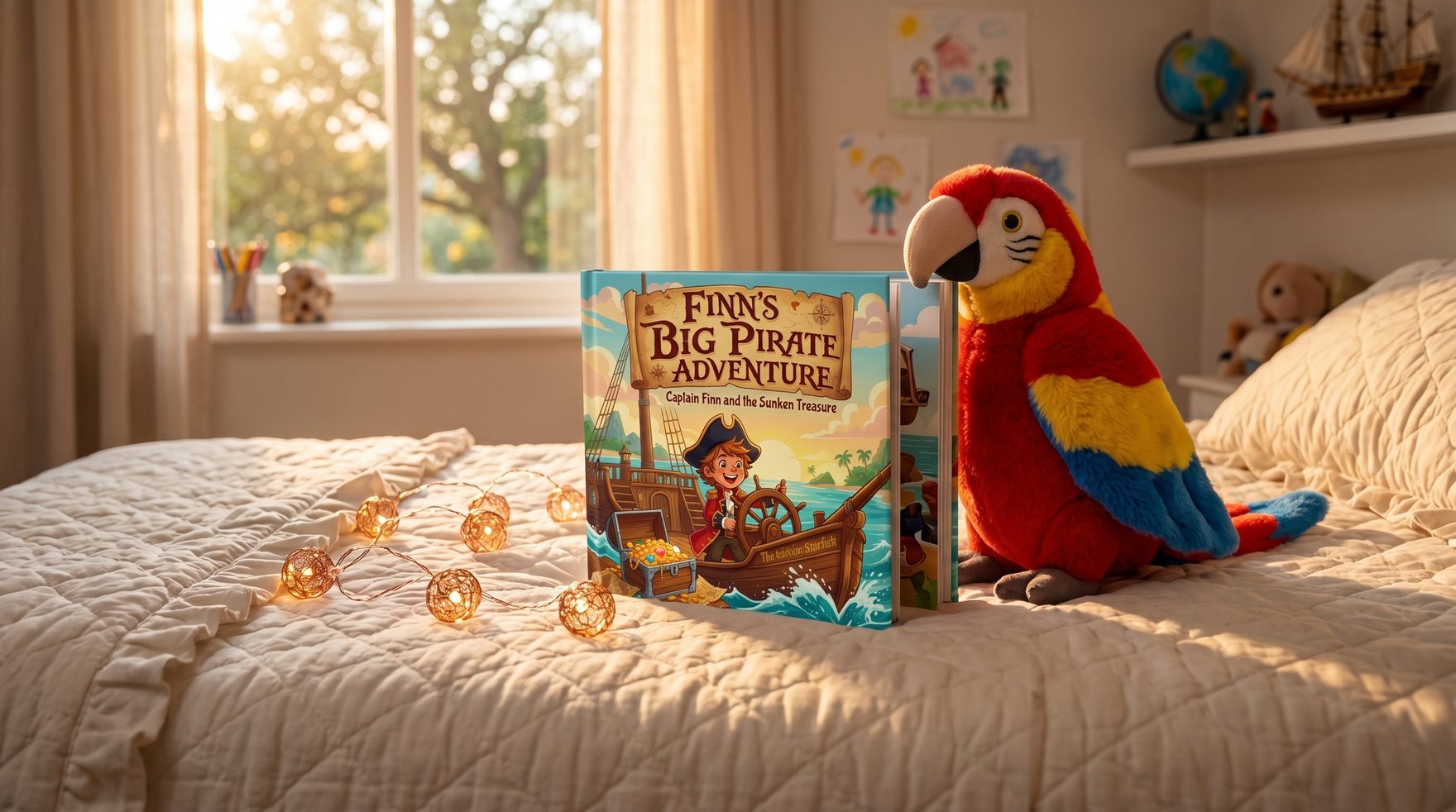A cozy child's bedroom with a personalized pirate hardcover book resting on a bed beside a stuffed parrot and fairy lights, warm afternoon sunlight streaming through a window
