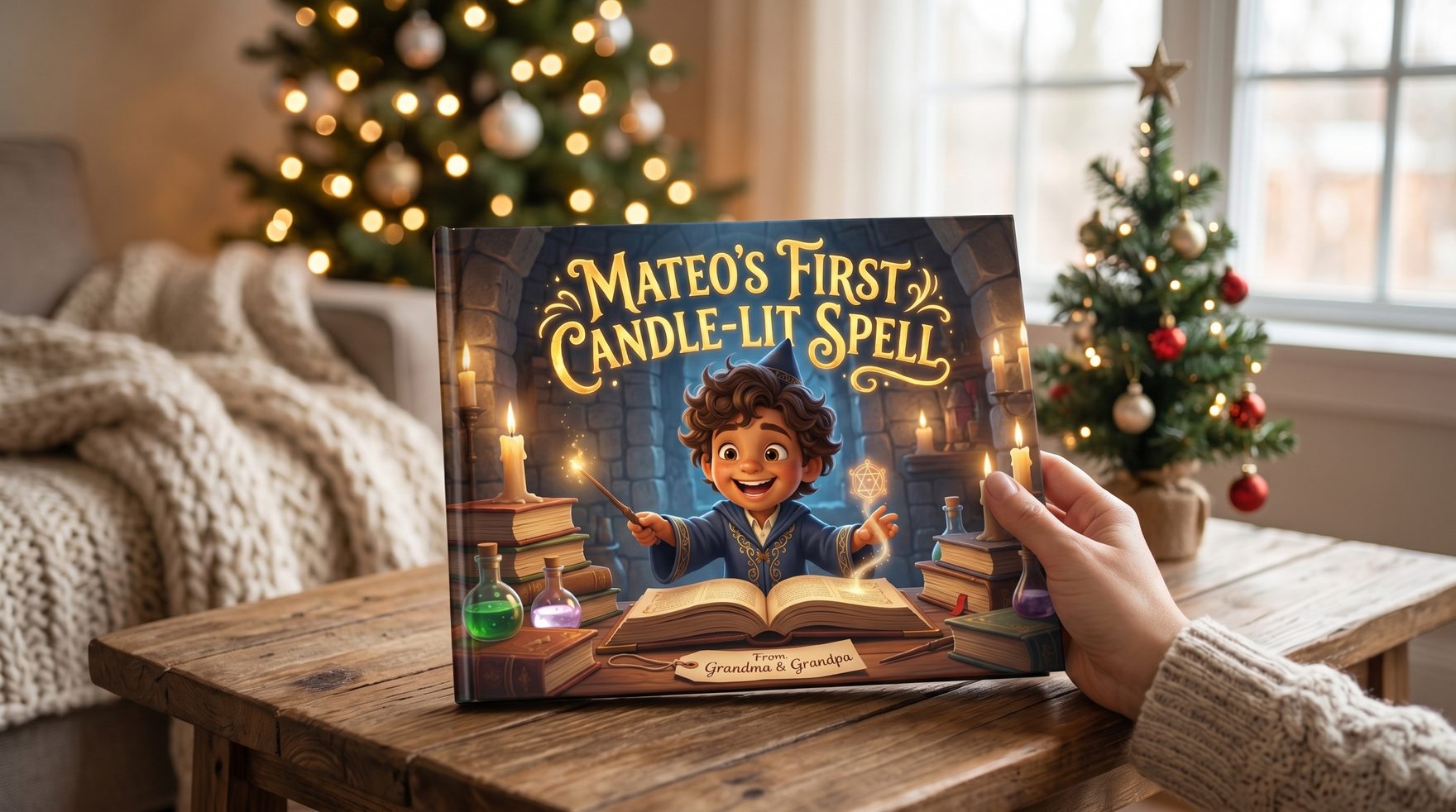 Eine warme, gemütliche Szene mit einem personalisierten Kinderbuch auf einem Holzcouchtisch neben einem kleinen Weihnachtsbaum, im Hintergrund sanfte Lichterketten und eine handgestrickte Decke.
