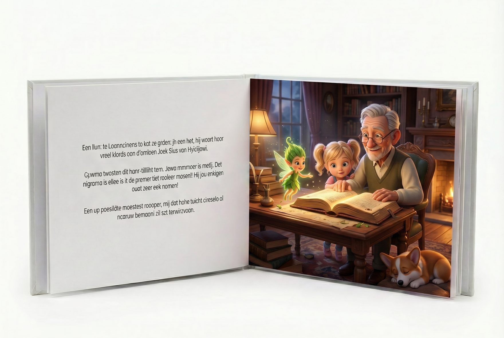 Ein aufgeschlagenes personalisiertes Kinderbuch mit einer Widmungsseite, auf der steht „Für unser liebstes Enkelkind, mit all unserer Liebe – Oma und Opa", daneben die Illustration eines Zauberlehrlings mit dem Namen des Kindes auf der Seite.