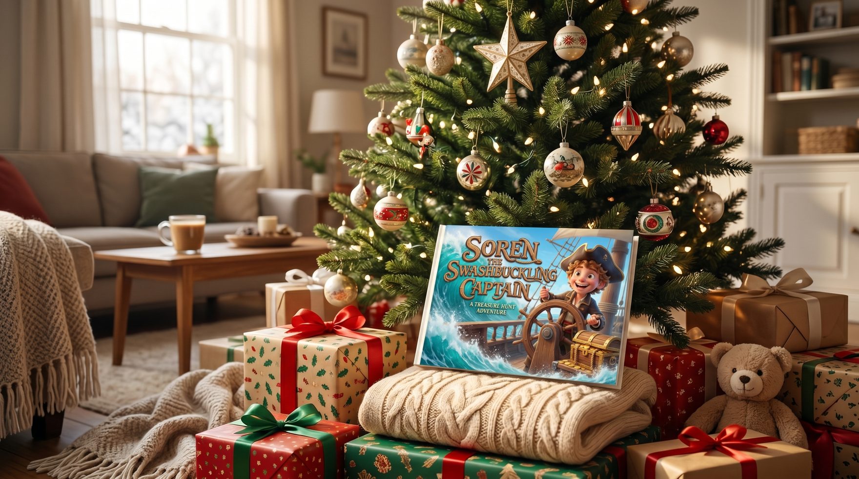 Eine warme Lifestyle-Szene mit einem personalisierten Kinderbuch unter dem Weihnachtsbaum neben eingepacktem Spielzeug und einem gefalteten Pullover, weiches Morgenlicht durch ein Fenster.