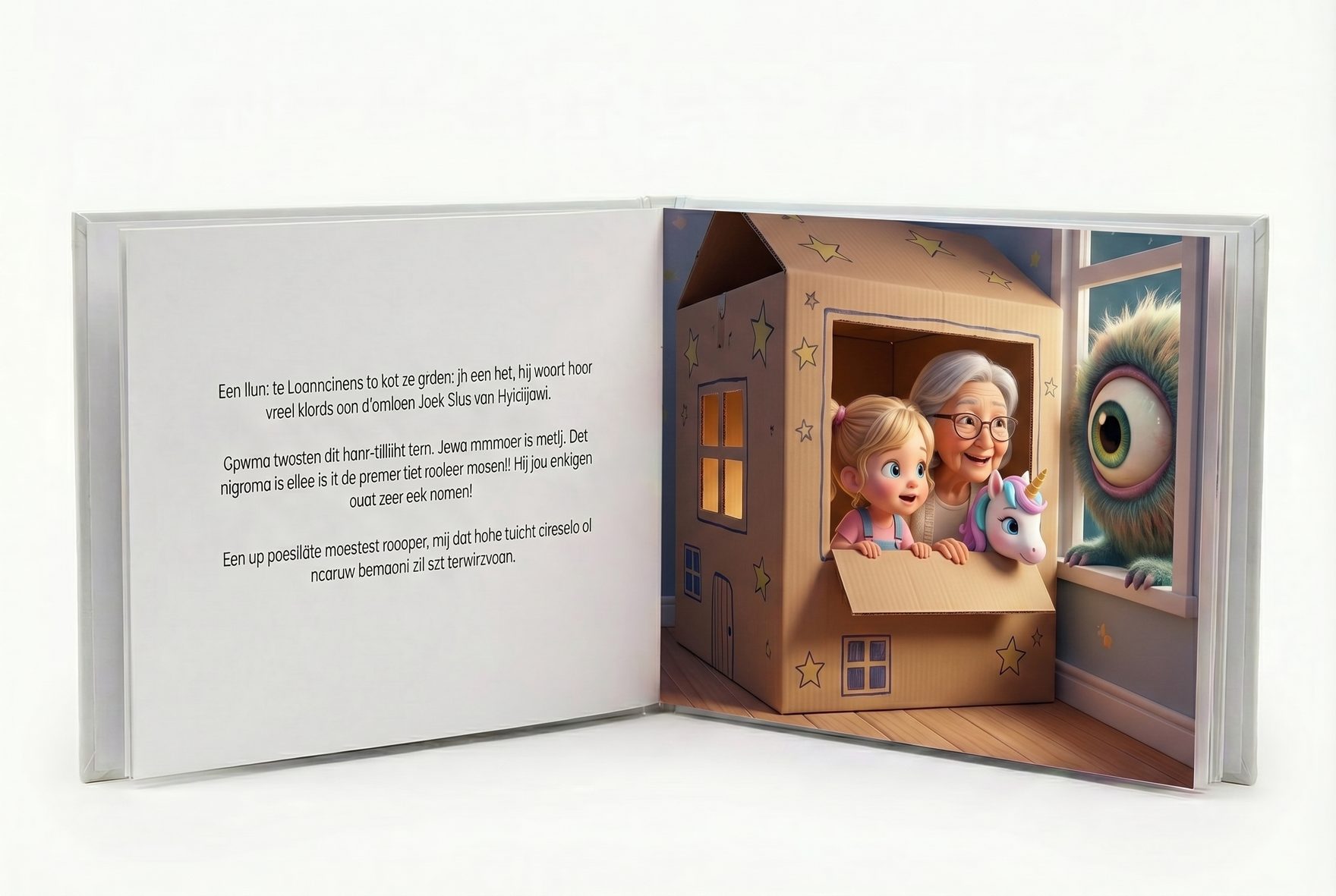 Eine aufgeschlagene Doppelseite eines personalisierten Kinderbuchs zeigt Soren als Piratenkapitän auf einer Schatzsuche, wie er neben seiner Großvater-Figur auf dem Deck steht und auf eine leuchtende Schatzinsel am verschneiten Horizont zeigt.
