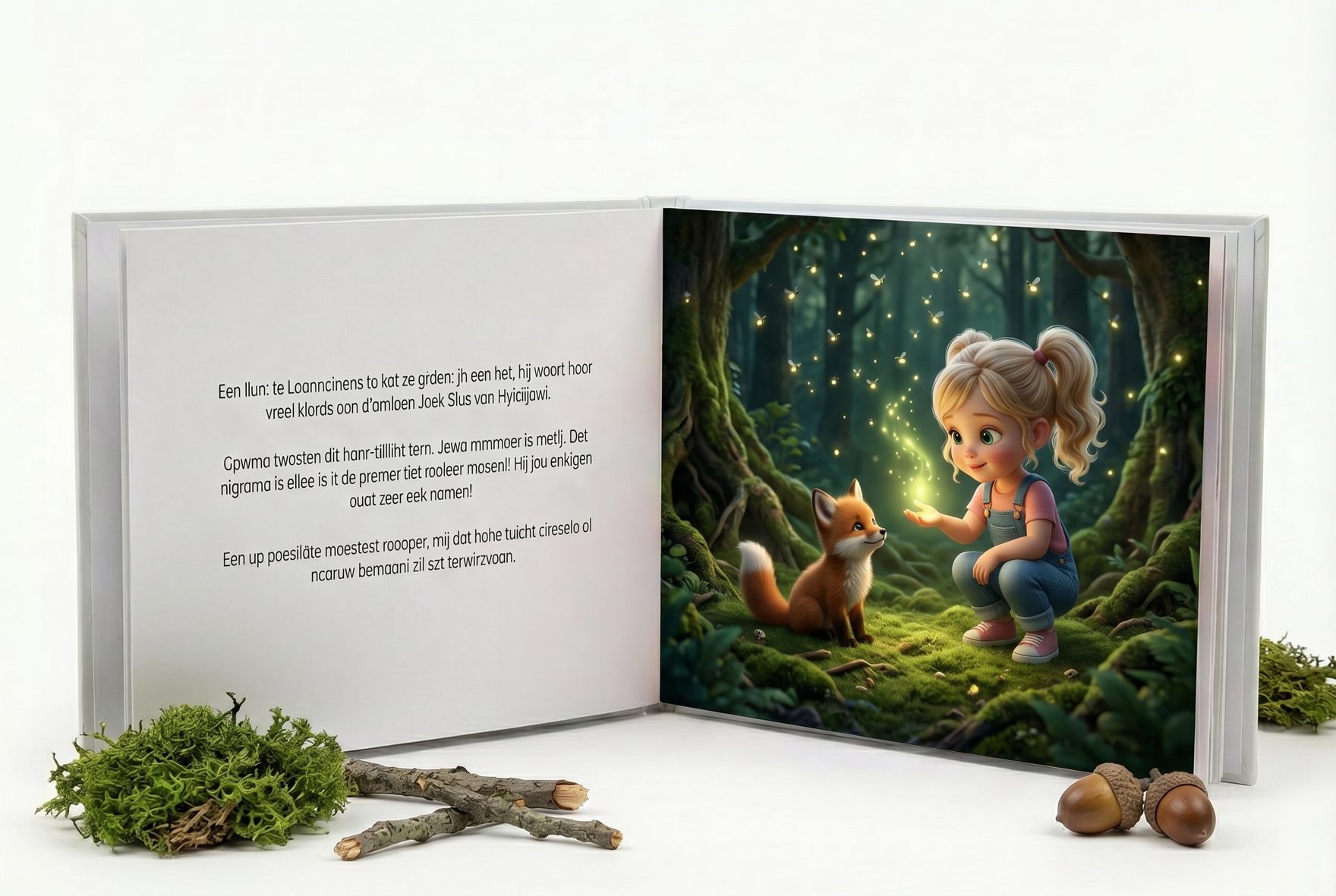 An open interior spread showing Noa crouched in a mossy forest clearing with a small baby fox at her side, a soft glow rising from her outstretched palm as fireflies drift upward; the right-hand page carries a paragraph of story text with an illuminated drop-cap.