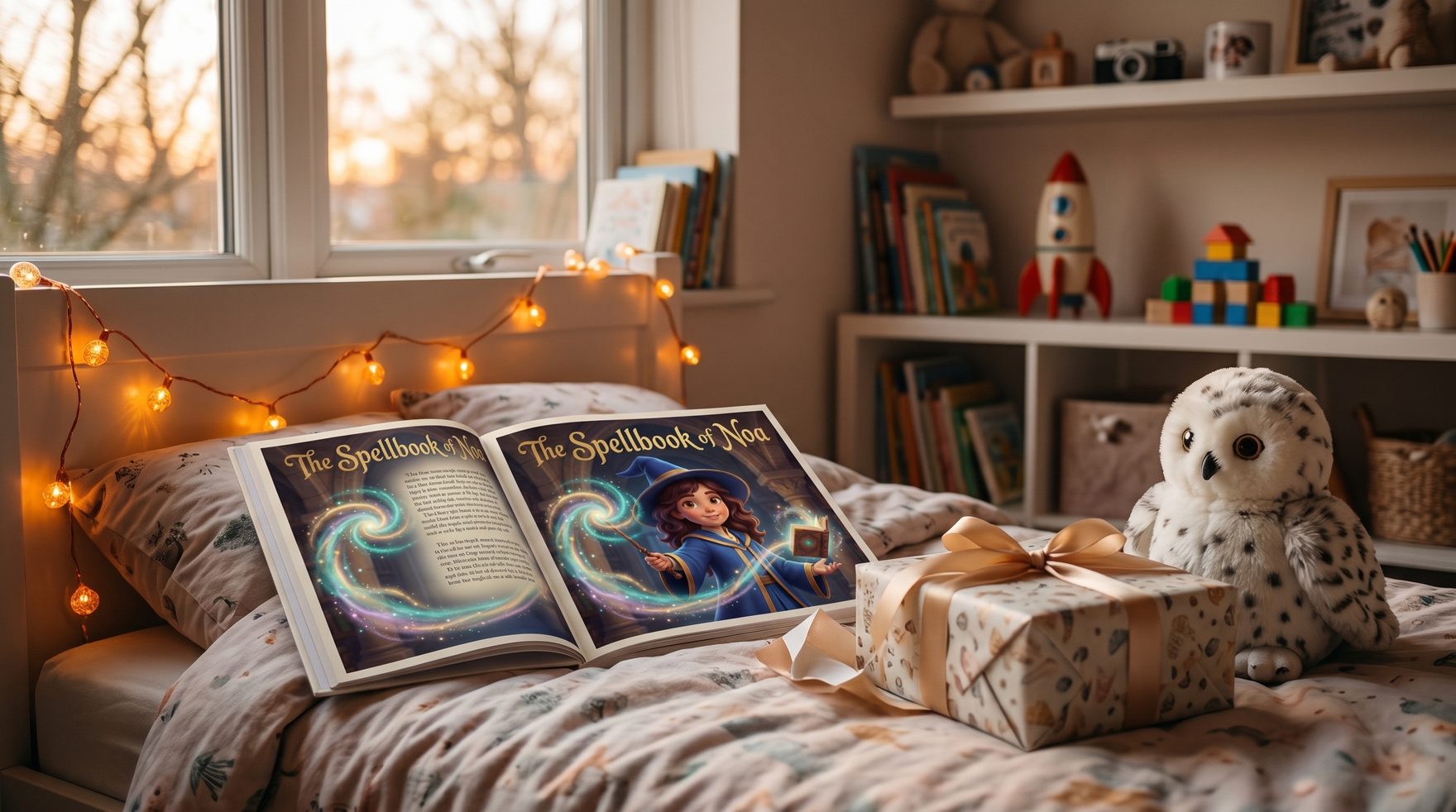 A cozy child's bedroom at golden hour with the personalized wizard book displayed open on a bed beside fairy lights, a stuffed owl, and a wrapped gift, conveying the magical arrival moment.