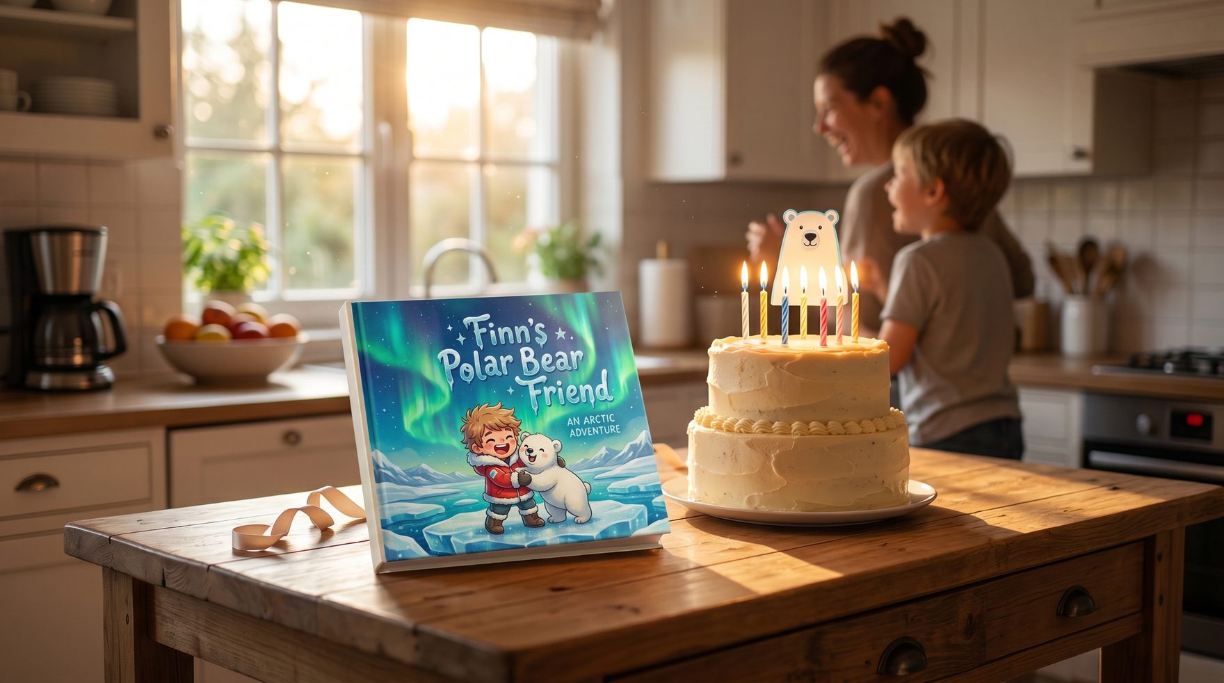 Een ingepakt gepersonaliseerd hardcoverboek op een keukentafel naast een verjaardagstaart met brandende kaarsjes, met warm middaglicht dat door een raam binnenvalt