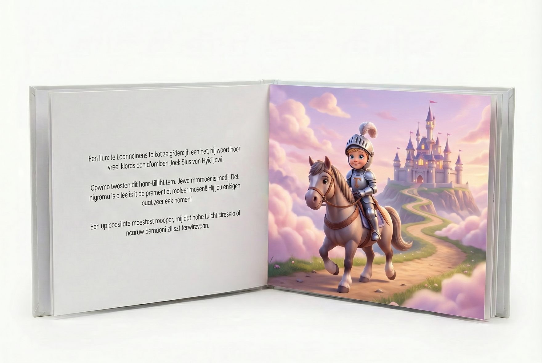 Een opengeslagen gepersonaliseerd kinderprentenboek met twee tegenover elkaar liggende pagina's — de rechterpagina toont Tobias als jonge ridder te paard, rijdend langs een kronkelend pad richting een sprookjesachtig kasteel in de verte, met de verhaaltekst opgemaakt op de linkerpagina in een warme waterverfstijl