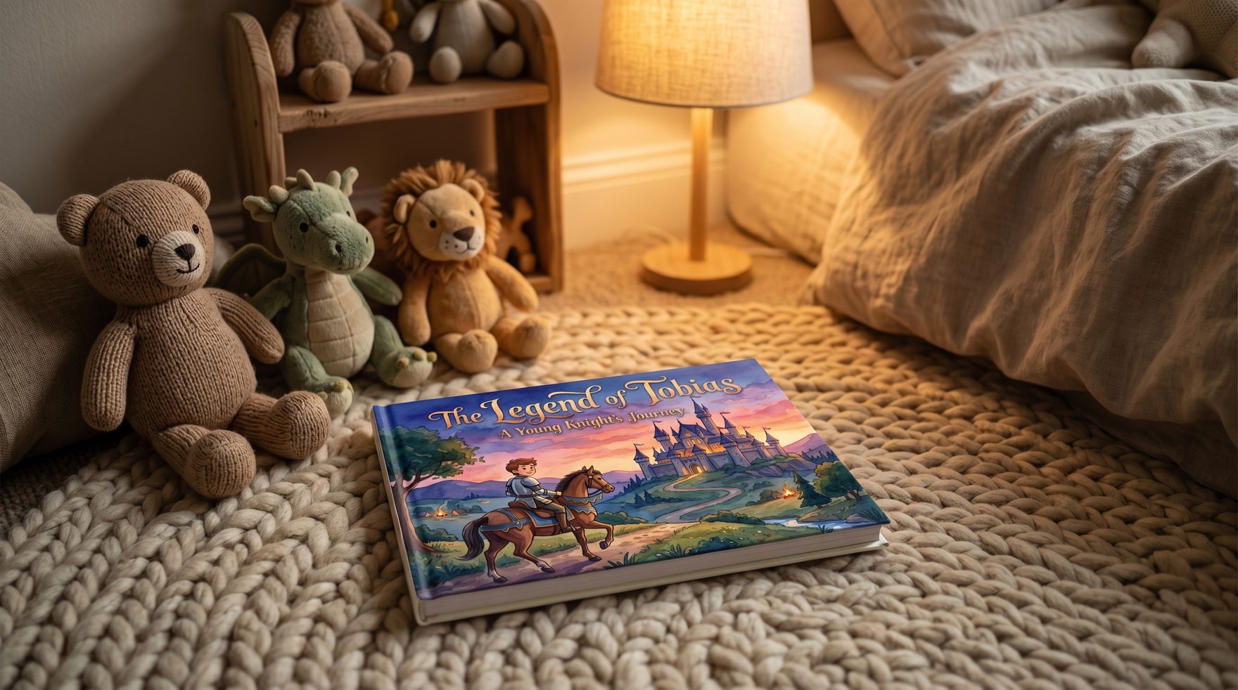 Een gepersonaliseerd kinderboek dat opengeslagen ligt op een gezellig slaapkamerkleed naast knuffels, met de warme gloed van een bedlampje op de achtergrond