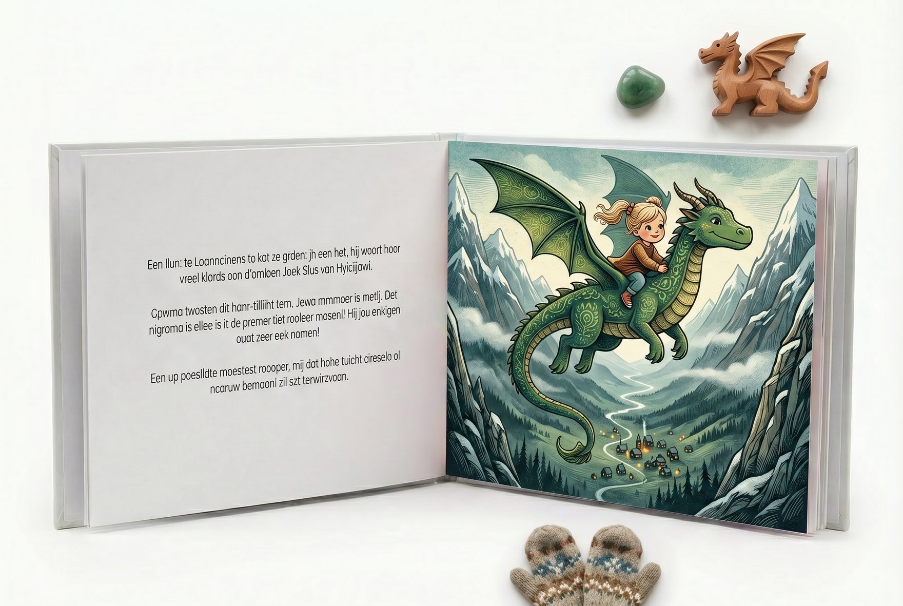 An open hardcover book interior showing Yuki mid-flight on her green dragon weaving between snowy peaks in a misty mountain valley, tiny village lights glowing below, with elegant serif typeset text on the facing left page.