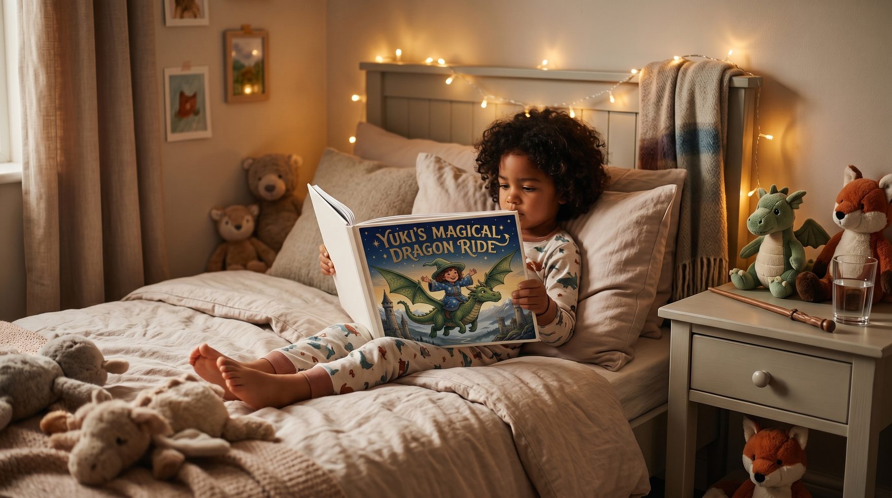 A cozy lifestyle scene of a child reading their personalized wizard hardcover book on a bed surrounded by warm fairy lights, plush stuffed animals, and a wooden wand prop resting on the nightstand.