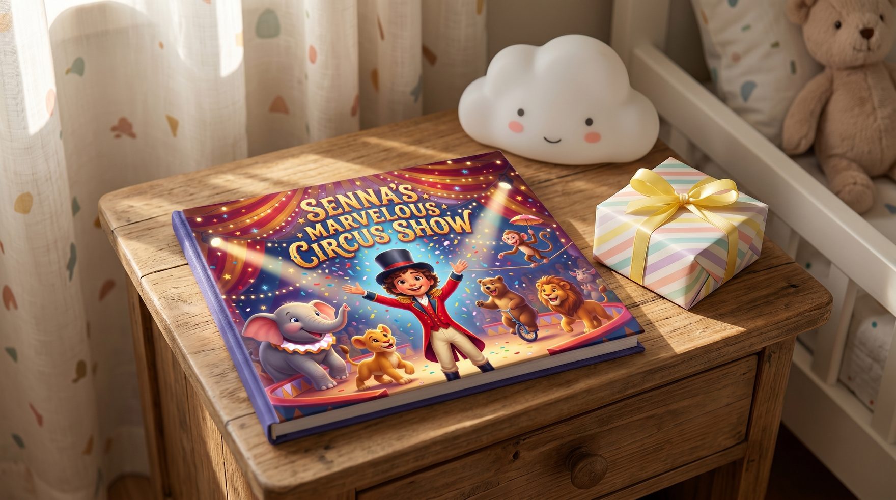 A personalized hardcover children's book on a nightstand beside a small wrapped birthday gift and a child's nightlight, warm morning light spilling across the cover.