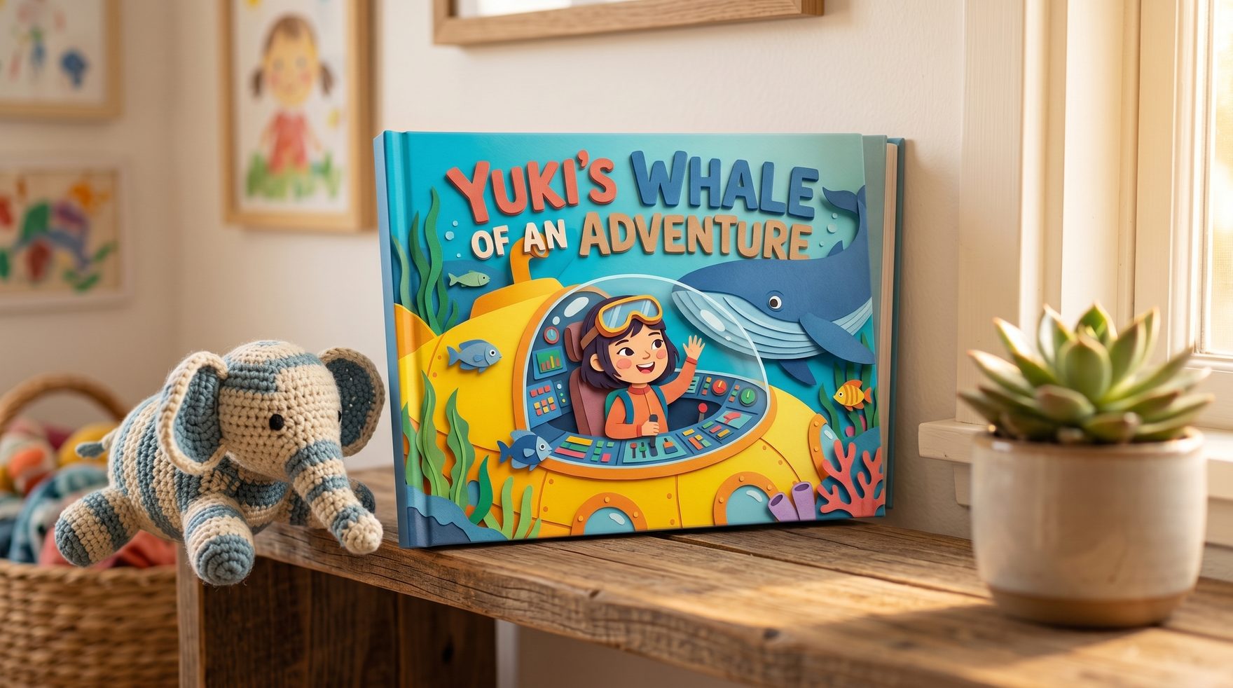 A hardcover personalized children's book displayed on a wooden nursery shelf next to a small plant and soft toy, warm natural lighting