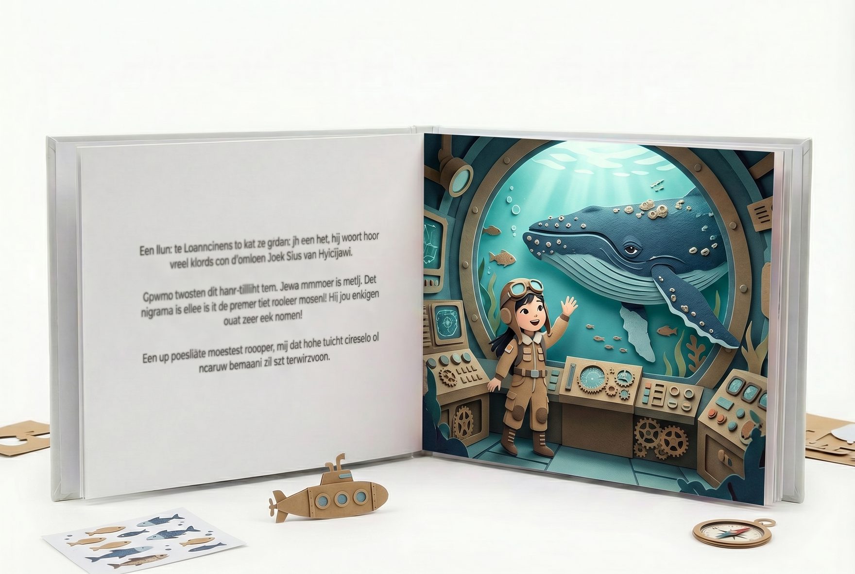 An open personalized storybook showing a richly illustrated interior spread with the underwater submarine pilot Yuki waving up at a passing humpback whale through a curved porthole window, soft turquoise light filtering down