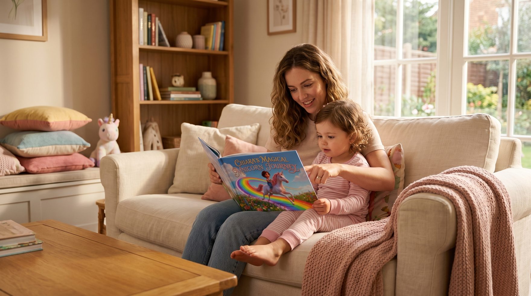 Eine Lifestyle-Szene mit Elternteil und Kleinkind, die gemeinsam ein personalisiertes Hardcover-Kinderbuch auf einem sonnendurchfluteten Wohnzimmersofa lesen, warmes natürliches Licht, gemütliche Atmosphäre