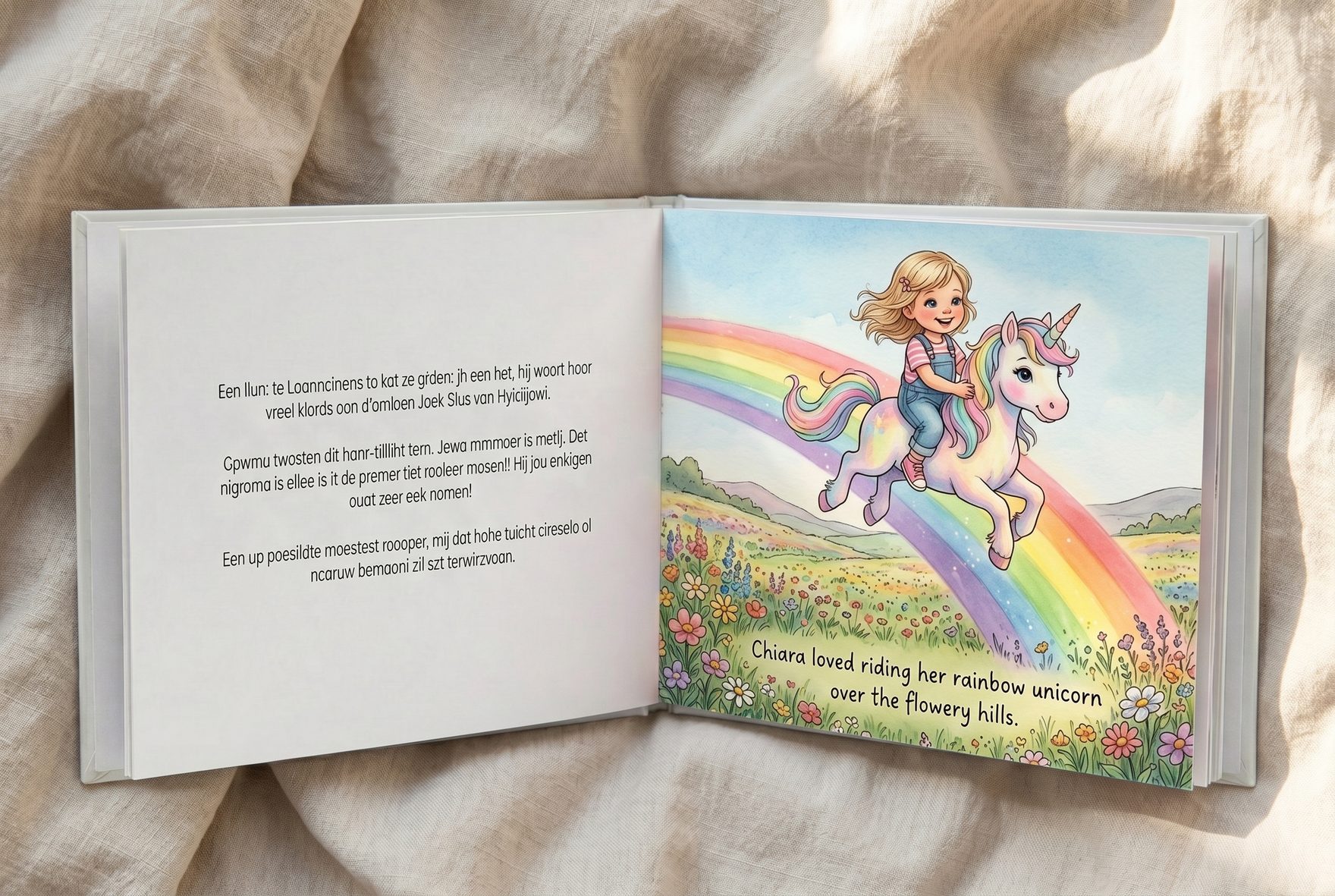 Nahaufnahme einer aufgeschlagenen Innenseite eines personalisierten Kinderbuchs, die eine Einhornreiterin zeigt, die über einen Regenbogen über eine Blumenwiese reitet, Chiara auf dem Rücken des Einhorns mit ausgestreckten Armen, lebendige Aquarell-Illustration, Name des Kindes im Text sichtbar