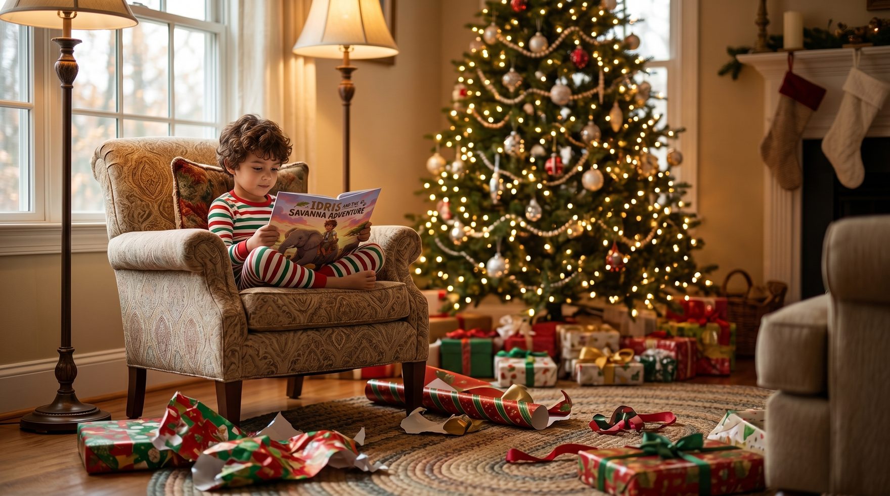 A cozy living room scene on Christmas morning with a grandchild curled up reading a personalized hardcover book, wrapping paper scattered nearby, warm fairy lights in the background
