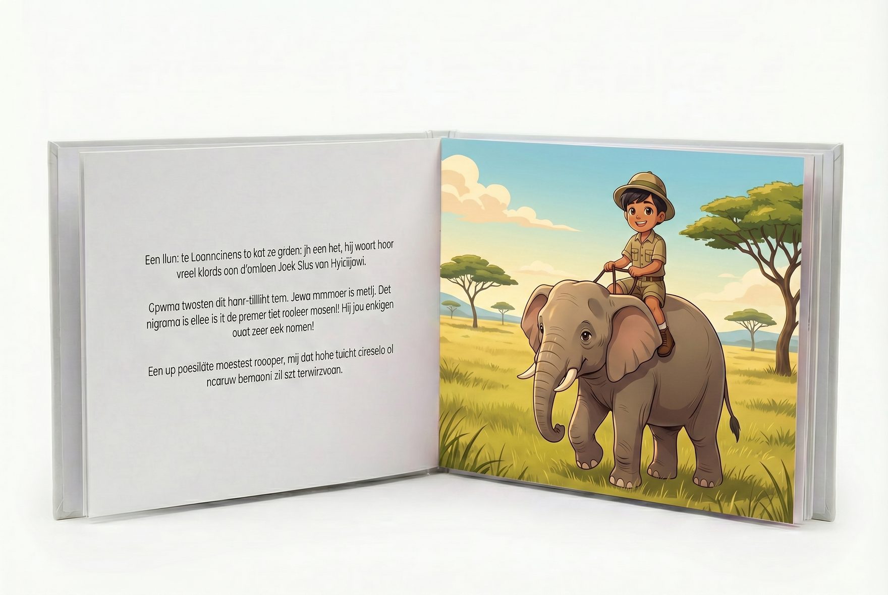 An open personalized children's book showing a two-page spread of Idris as a safari guide riding a friendly elephant across a sunlit savanna, acacia trees in the distance, warm story text on the right-hand page